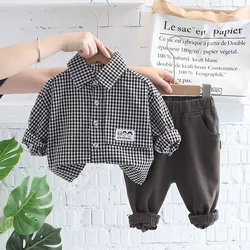 0-6 years old children's boys clothes suits plaid lapel kids boy polo shirt long-sleeved shirt trousers 2-piece set