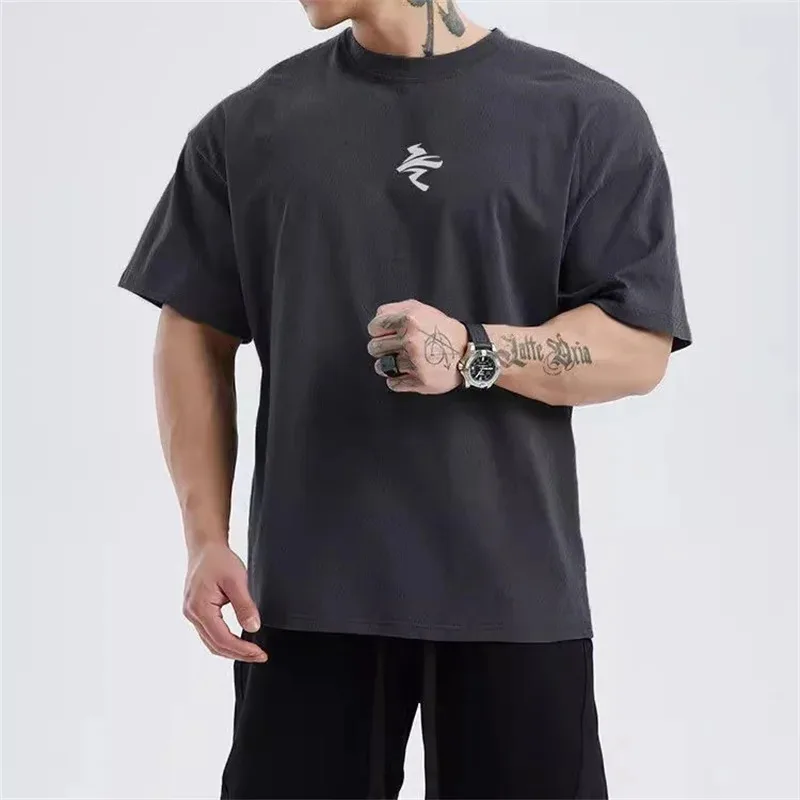 Men's loose, extra-large short-sleeved T-shirt, men's summer knitted sports training T-shirt, quick-drying running top, fitness