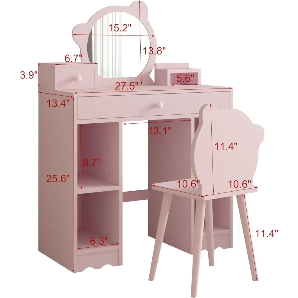 Kids Vanity, 2 in 1 Princess Makeup Desk & Chair Set with Drawers Storage Shelves Toddler Dressing Table Christmas Gift