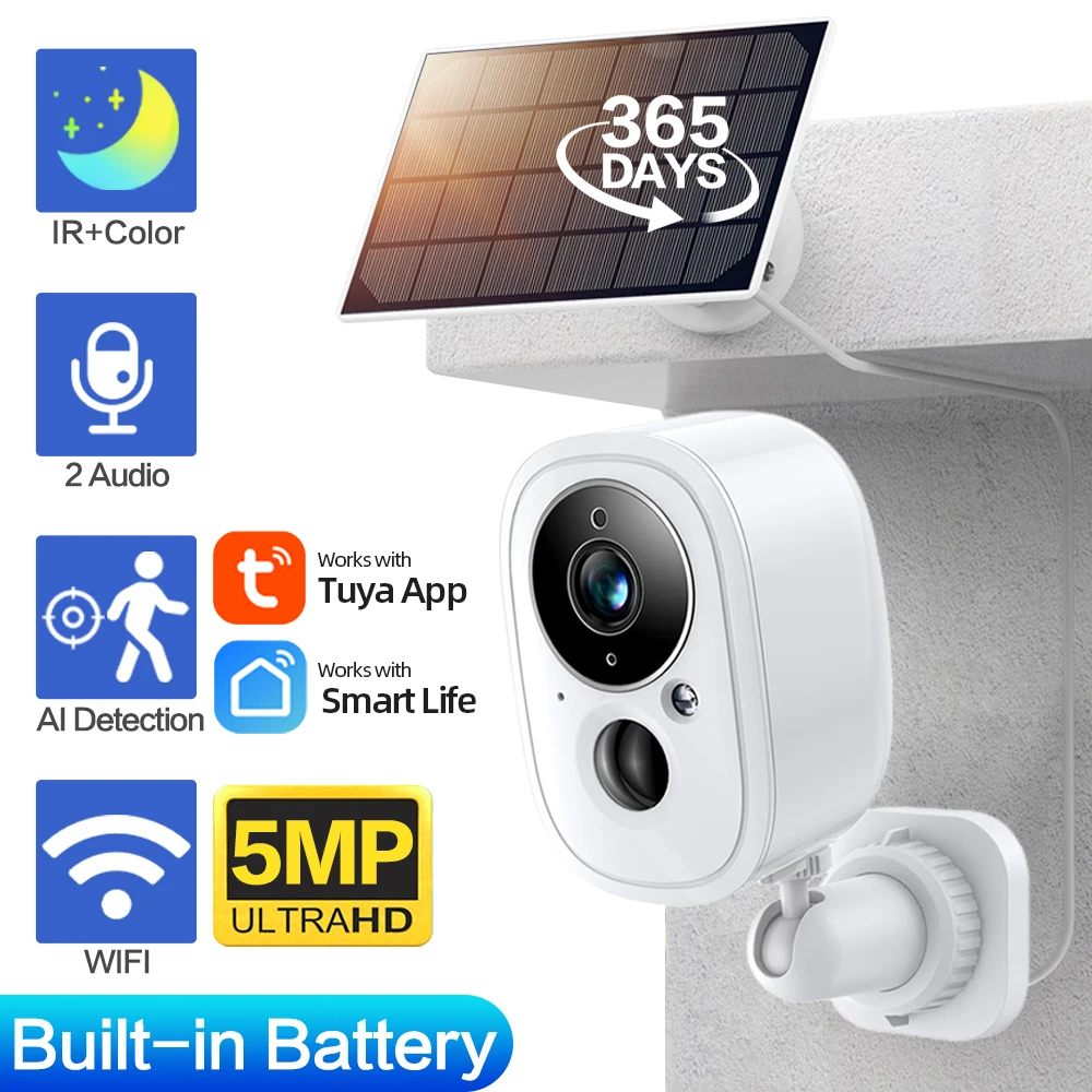 

Tuya Smart Life 5200Ah Rechargeable Battery Solar Outdoor Two Way Audio WIFI 5MP Surveillance Security Siren IP66 Camera