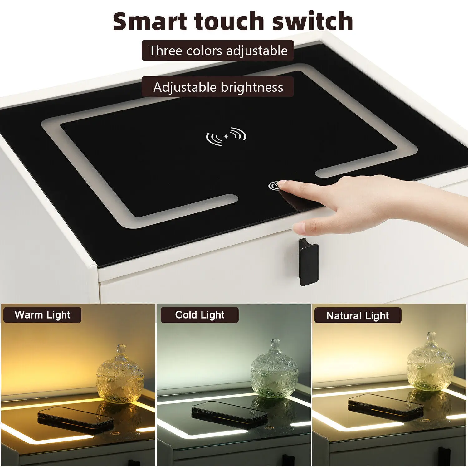 Glow Bedside Table with Wireless Charging & 2 Drawers