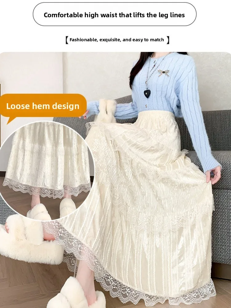 Süßer Spitzen-Splicing Cake Sle Fce-gefütterter Thi-A-Linien-Maxirock mit hoher Taille für Damen, lässige koreanische Version, nicht sinkbar