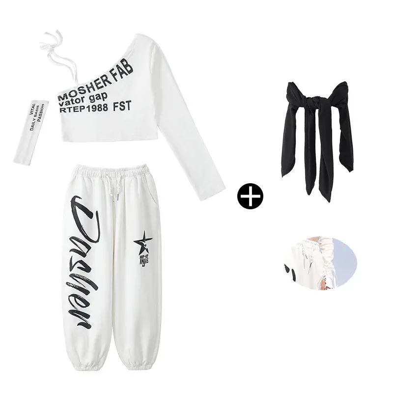 طفل الهيب هوب الملابس البيضاء واحد الكتف المحاصيل الأعلى تي شيرت أسود تانك عارضة عرق عداء ببطء السراويل للفتيات أزياء رقص الملابس