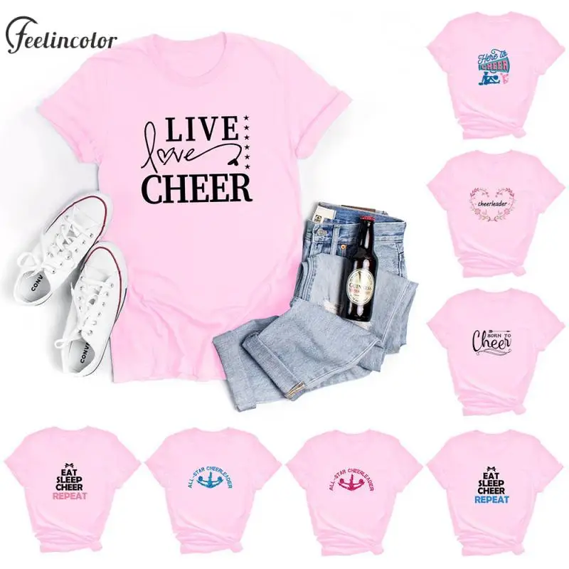 Cheerleading Short Sleeve Fun Print Temperament Women's T-Shirt Pink Cute Crew Neck Sweet Top Trend Y2K Style Sports Clothes