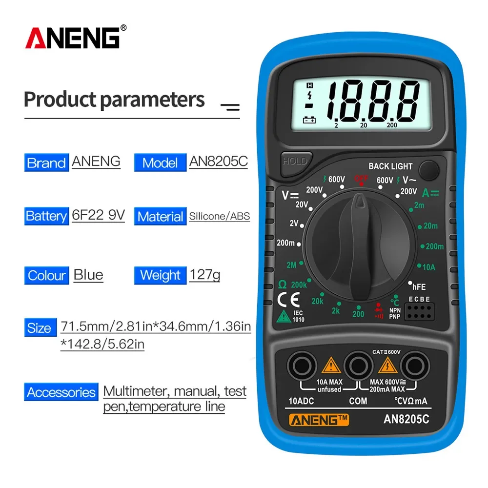 ANENG AN8205C Digital Multimeter AC/DC Ammeter Volt Ohm Tester Meter Multimetro With Thermocouple LCD Backlight Portable