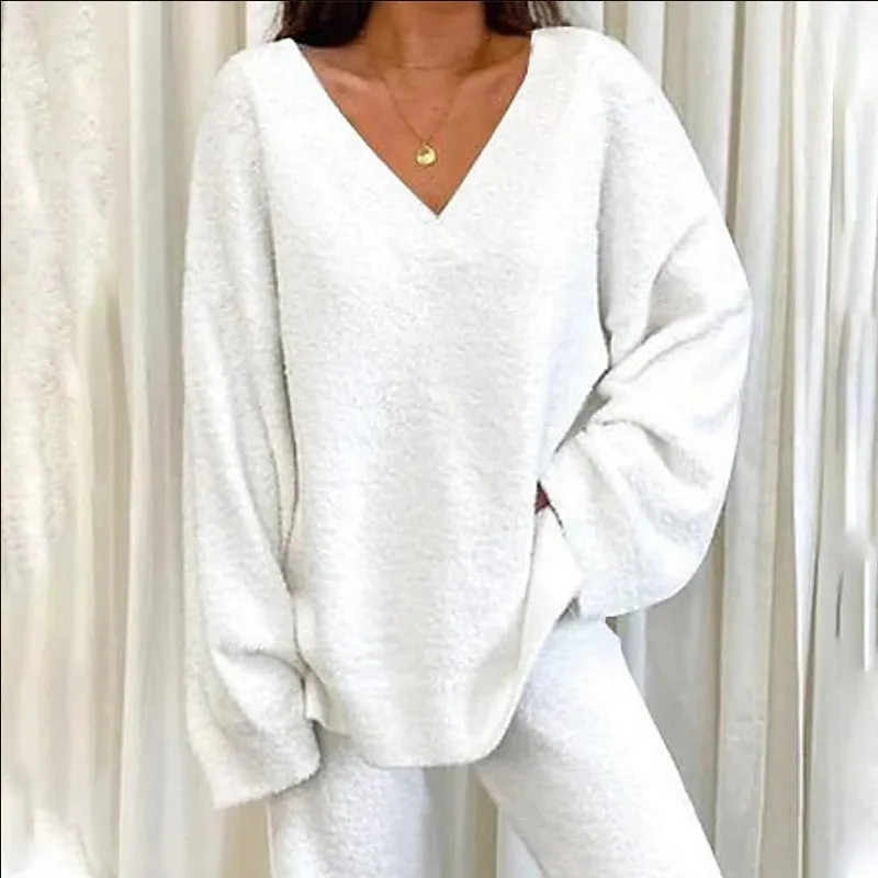 Autumn Winter Women\'s Comfortable Tracksuits Casual V-Neck Long Sleeve Pullover And Pants Warm Two Piece Set Women Fashion Sets