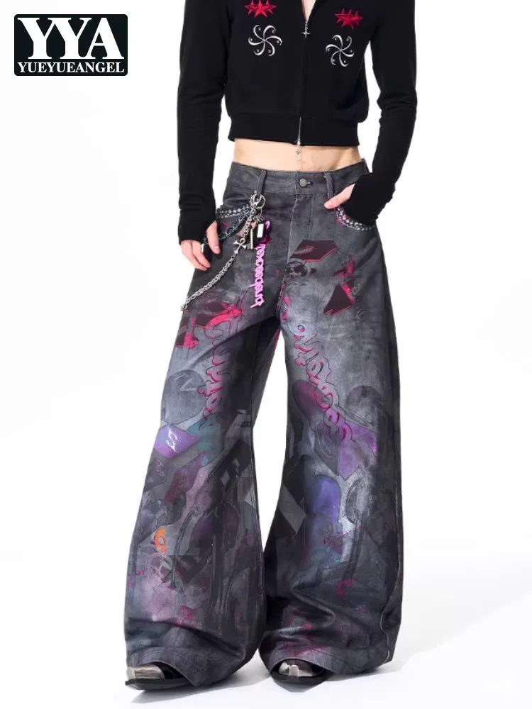 Autumn Winter Men Printed Jeans Fashion Designer Low Waist Wide Leg Pants Denim Trousers High Street Casual Full Length Pant
