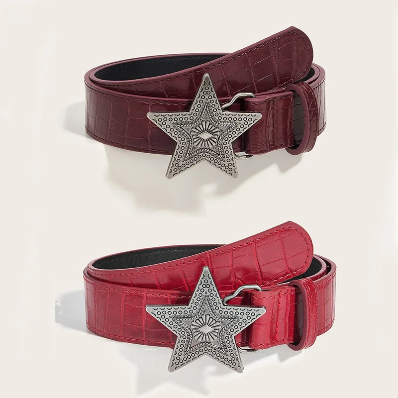 Breite 3,3 cm Hip-Hop Retro Damengürtel Gothic Punk Fünfzackiger Stern Schnalle Pu-Ledergürtel Rock Y2k Beliebter roter Bund