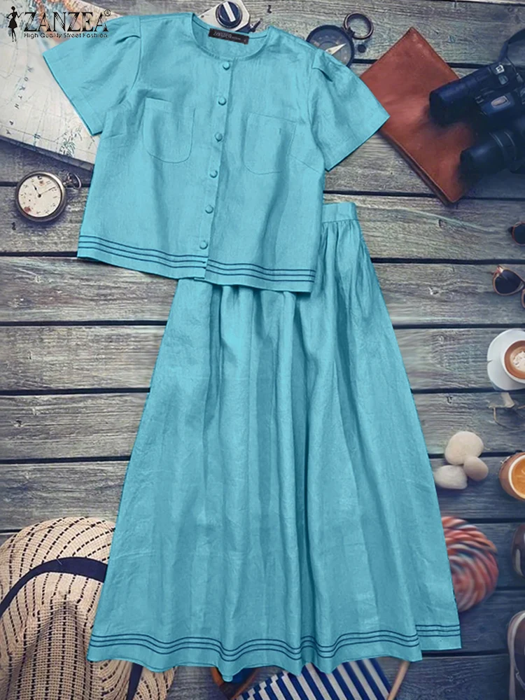 

ZANZEA Vintage Sets Women Solid Short Sleeve Tops Long Skirts Elegant Office Work Outfits 2025 Casual Dress Suits Matching Sets