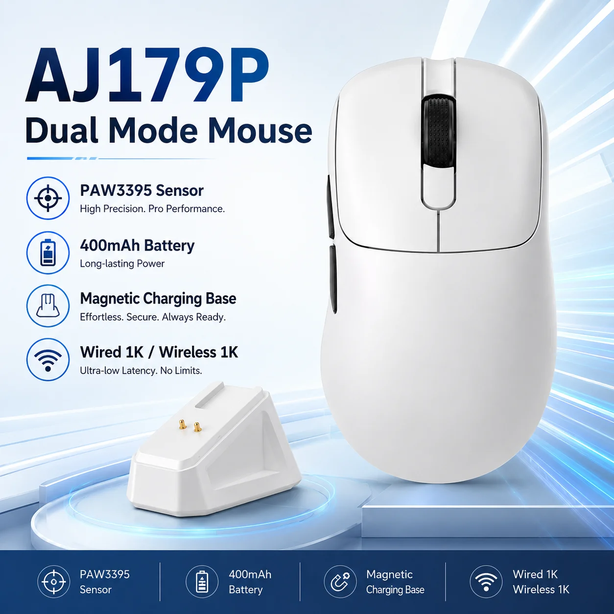 AJAZZ AJ179P PAW3950 30000DPI 8Khz Wireless Gaming Mouse Ergonomic RGB Magnetic Screen Charging Base for PC Laptop Gamer