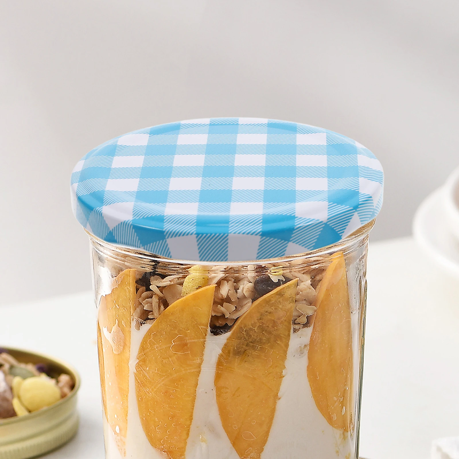 

50pcs Canning Jar Lids Replacement Checked Plaid Mason Glass Bottle Caps Regular Mouth Food Grade Sealing Lid For