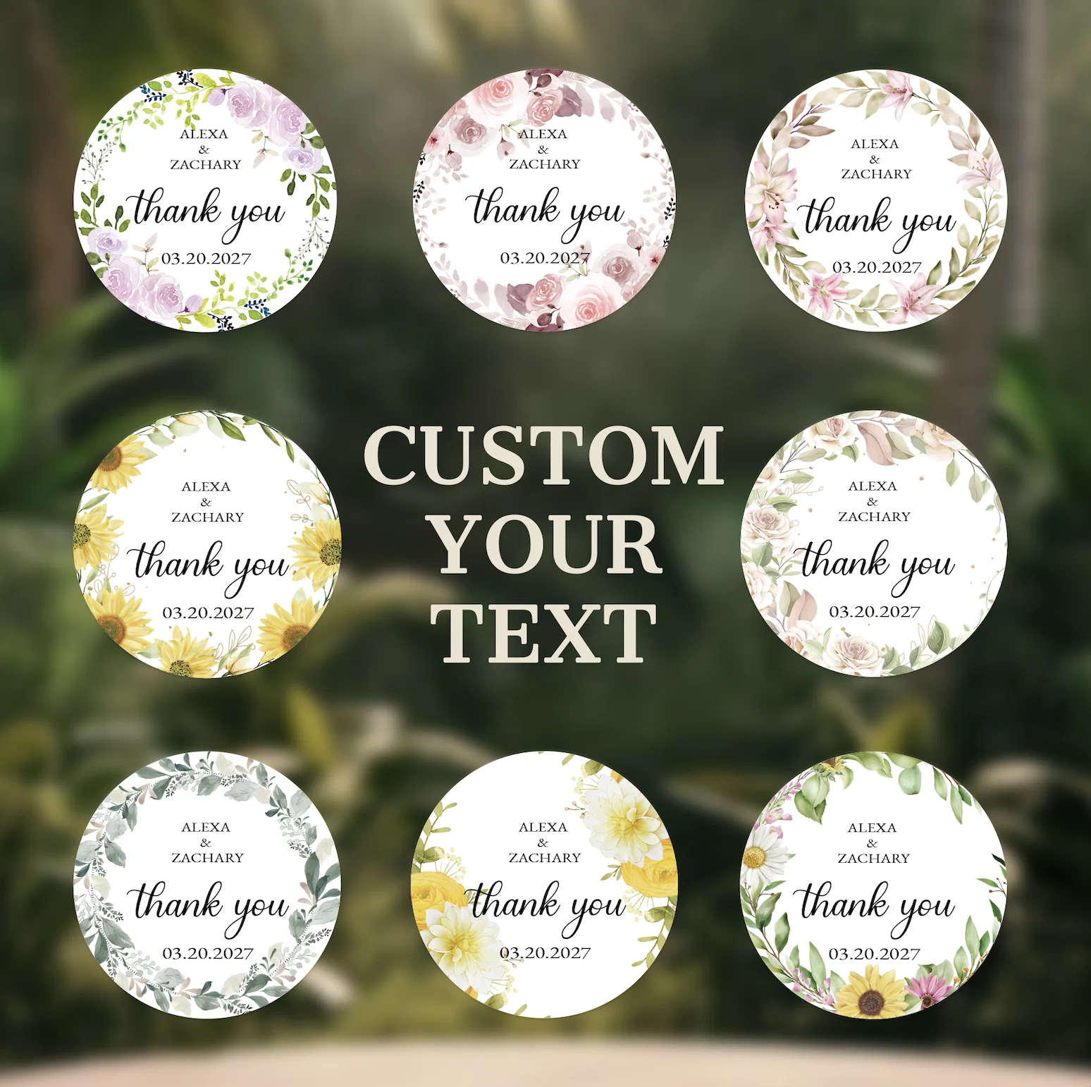 

100Pcs Personalized Round Label Stickers Custom Stickers of Name Date Thank You,for Bridal Shower Wedding Party Favors