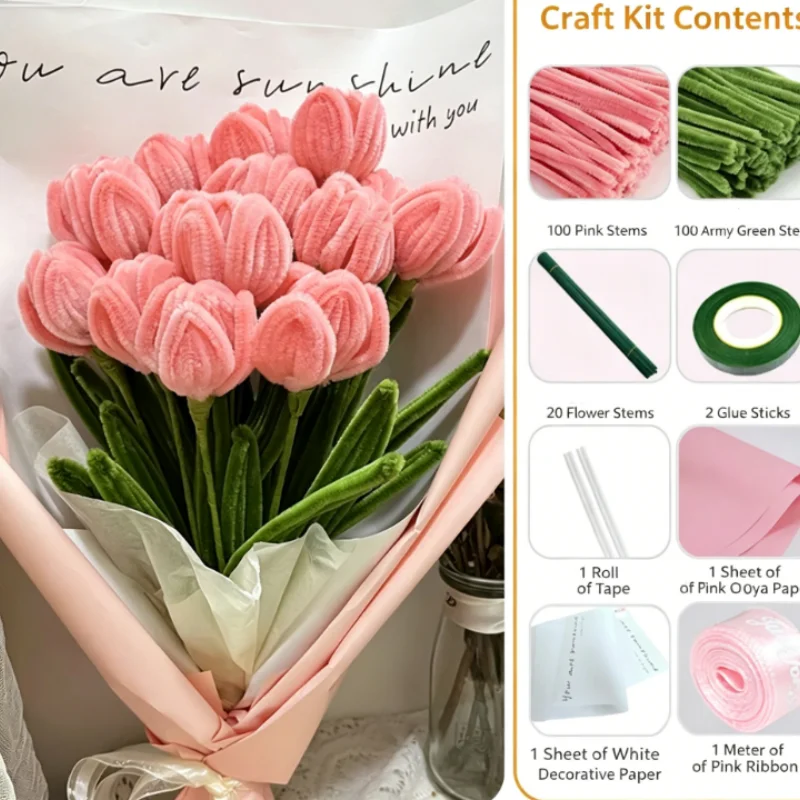 DIY Handmade Tulip Rose Bouquet Pipe Cleaner Craft Kit Full Accessories Chenille Stems for Beginner Adult Kid Holiday Present Su