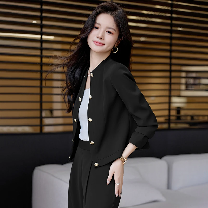 NAVIU Autumn Women\'s White Elegant Blazer Coat And Wide Legs Long Pants Black Two Piece Sets Female Outifits Fashion Casual Suit