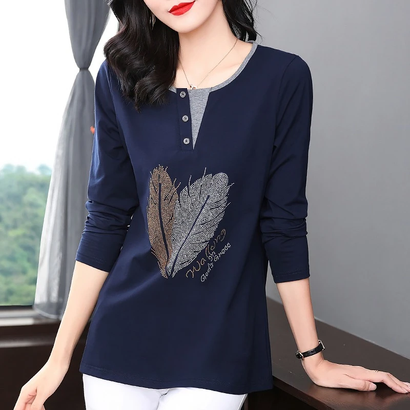 Mid-Length Ladies Long Sleeve Base Shirt Spring Autumn 2023 New plus Size Women's T-Shirt for Middle-Aged Mothers Polyester F...