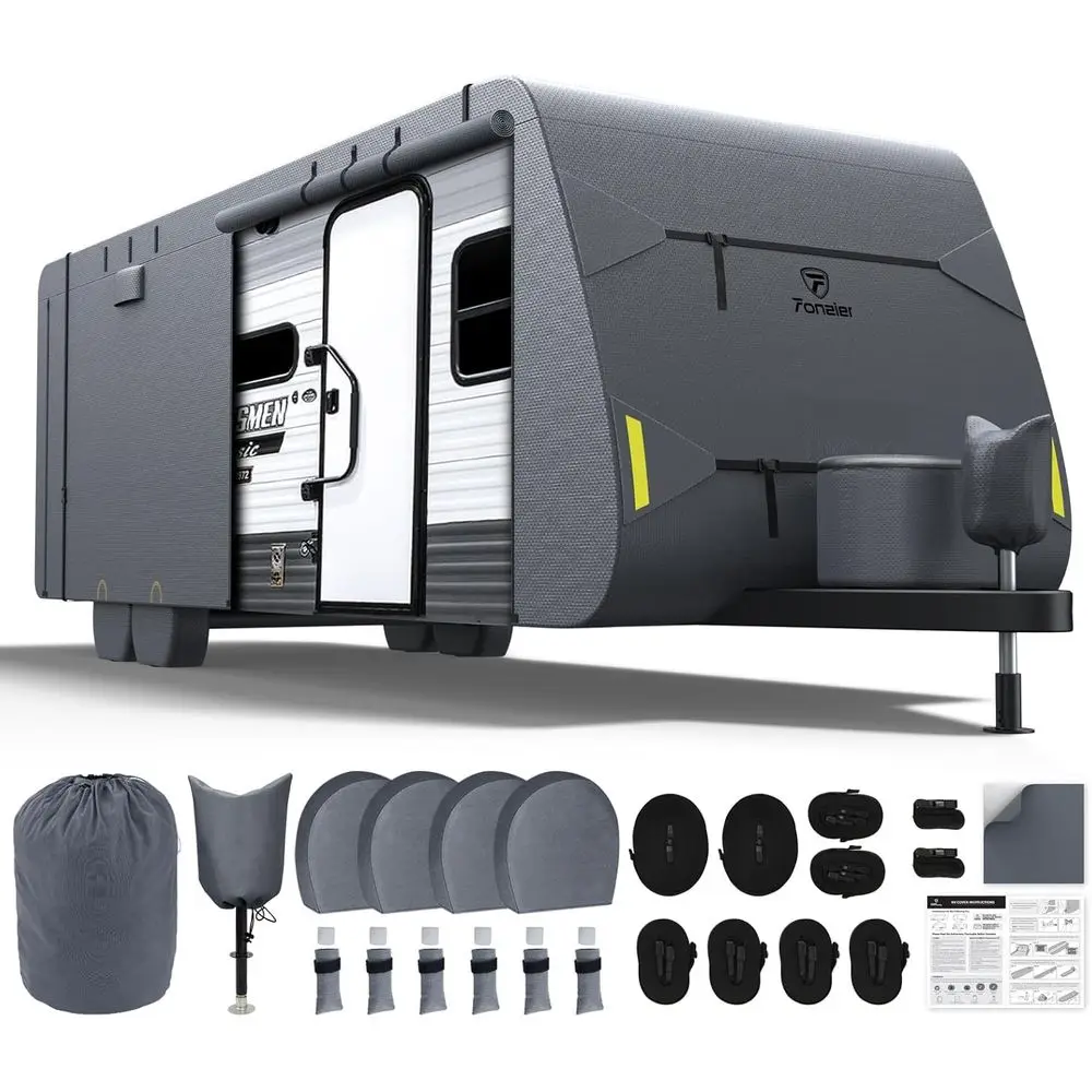 

Cover 18-20ft: Extra Thick 7 Layers Travel Trailer Cover with 4 Tire Covers, Waterproof Camper Cover, Extra Windproof Ropes, Gut