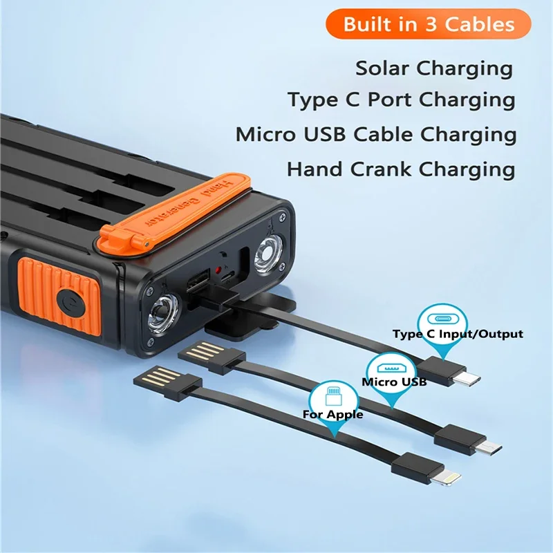 30000mAh 手回しソーラーパワーバンク ケーブル付き ライト PD 20W 急速充電器 iPhone Samsung Xiaomi 外部バッテリー用