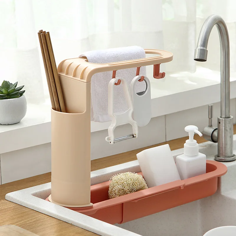 Telescopic Sink Drain Rack Soap Sponge Holder Self Adhesive Kitchen Paper Towel Holder Punch Free Roll Kitchen Acces