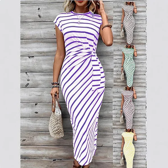 Elegant Waist Tie Striped Short Sleeve Maxi Dress Summer Women Casual Long Dresses Jumpsuit Playsuit