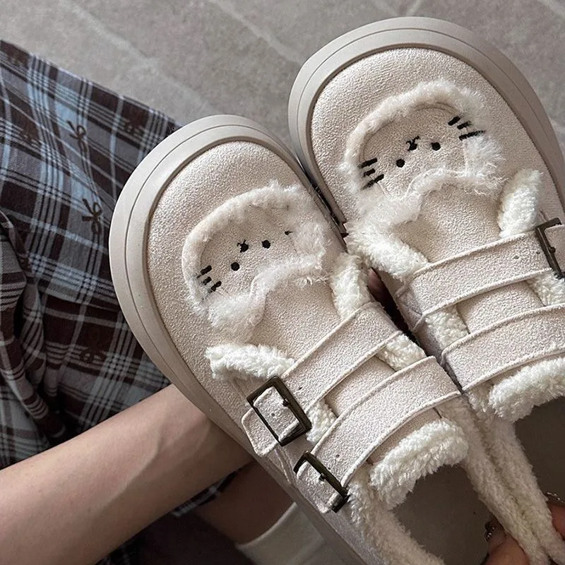Sapatos de Inverno Kawaii para Mulheres, Pelúcia de Gato Marrom, Forrados com Pelúcia, Sola Grossa, Quentes, Confortáveis, para Uso Interno e Externo.