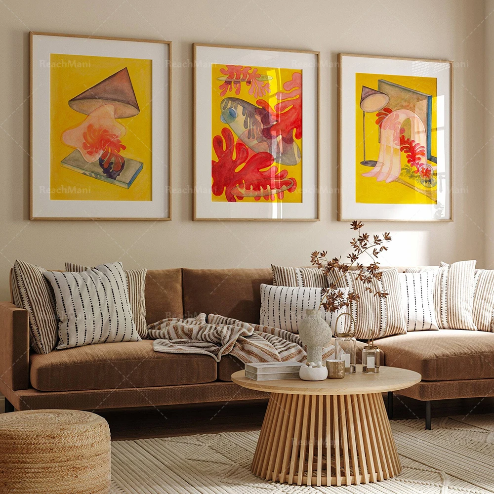 Impresión inspirada en Matisse, arte de pared oriental minimalista en acuarela amarilla y roja, póster de arte abstracto de coral inspirado en Matisse
