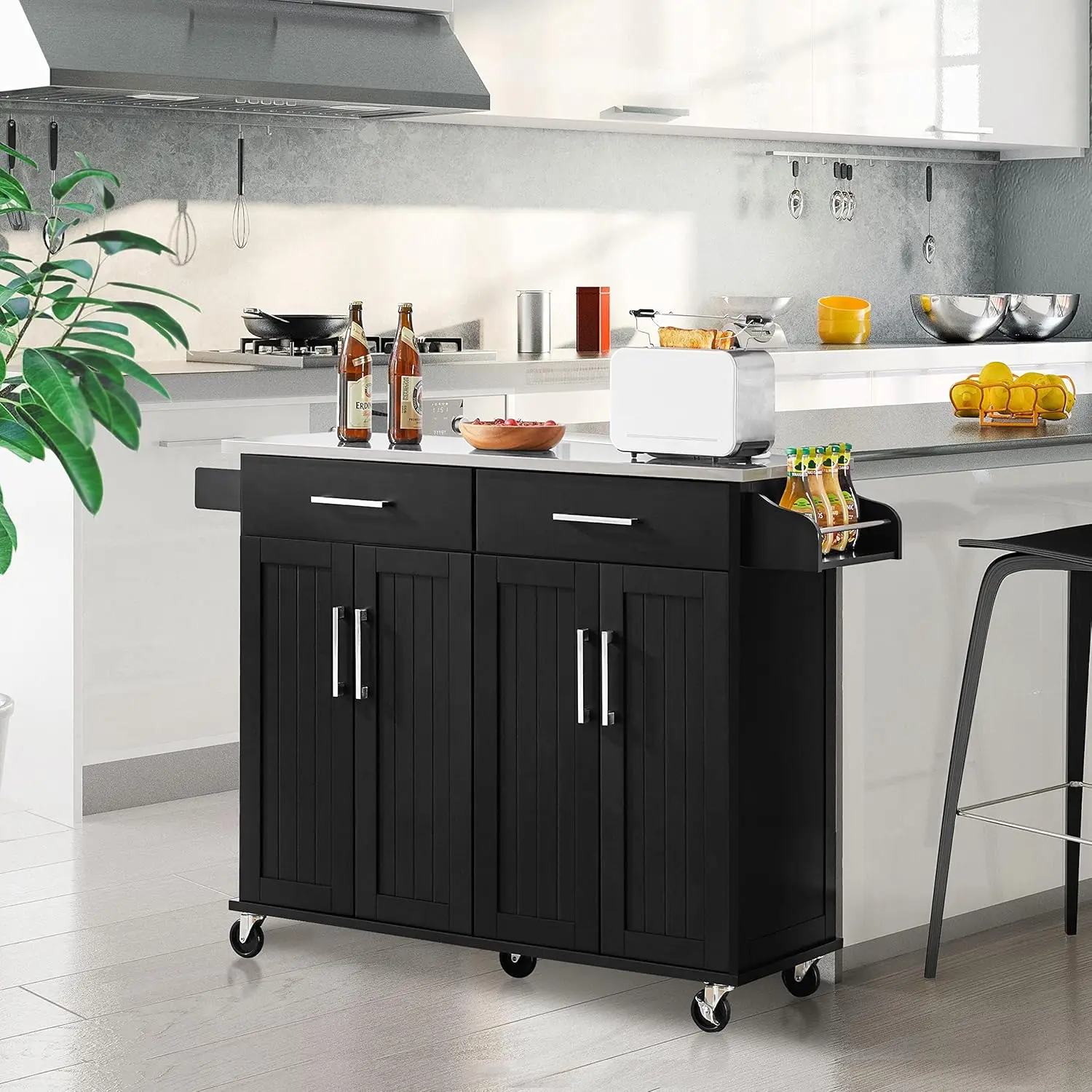 Rolling Kitchen Island con piano in acciaio inossidabile, armadio portaoggetti per carrello da cucina su ruote con 2 cassetti e interno regolabile Shel