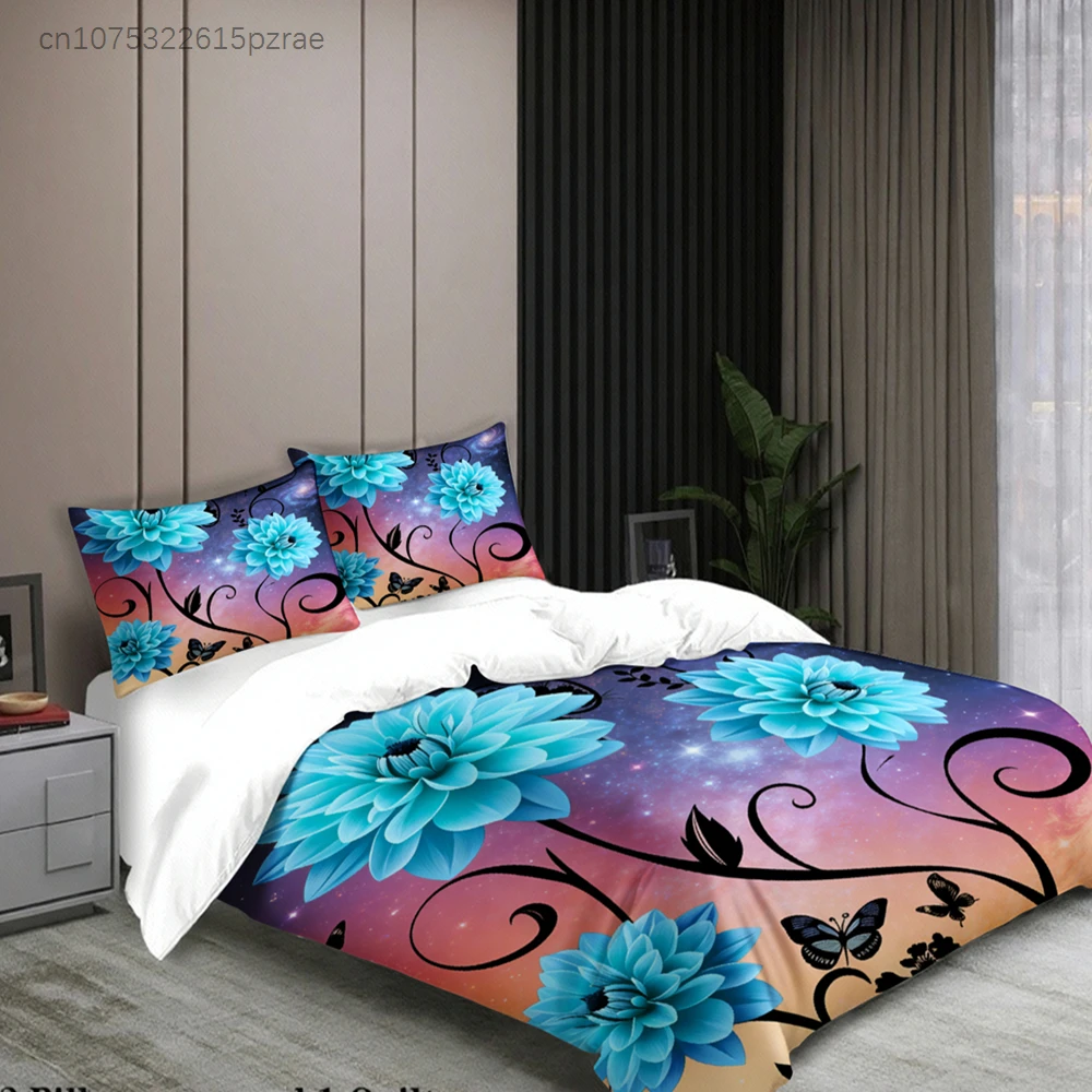 Floral Bedding Set Set Blue Purple Pink Galaxy Flowers And Butterflies Print With Duvet Cover Pillowcases For Bedroom Decor