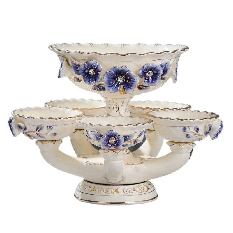 European ceramic multi-layer double-layer rotating fruit plate household living room creative coffee table double-layer fruit