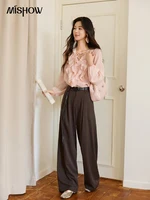 MISHOW Pink Ruffled Blouse for Woman 2025 Autumn New Elegant Sweet V-neck Lace-up Design Shirt Lantern Sleeves Top MXE49X2504 - Image 2