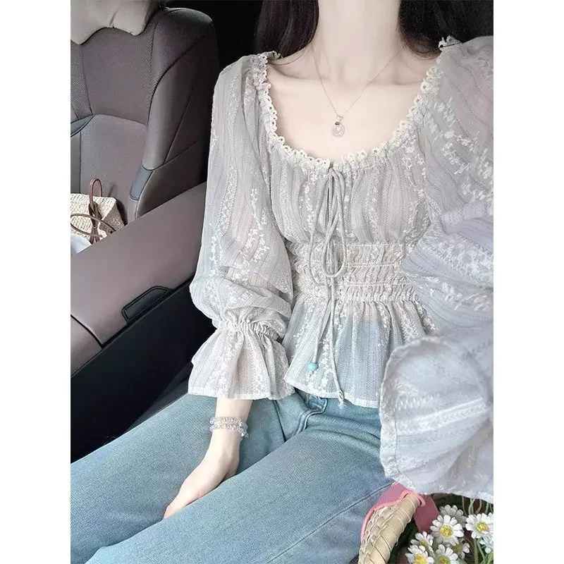 French Style Embroidered Chiffon Blouse for Women Spring/Summer New Design Waist-Reducing Bubble Sleeve Short TopXQ150