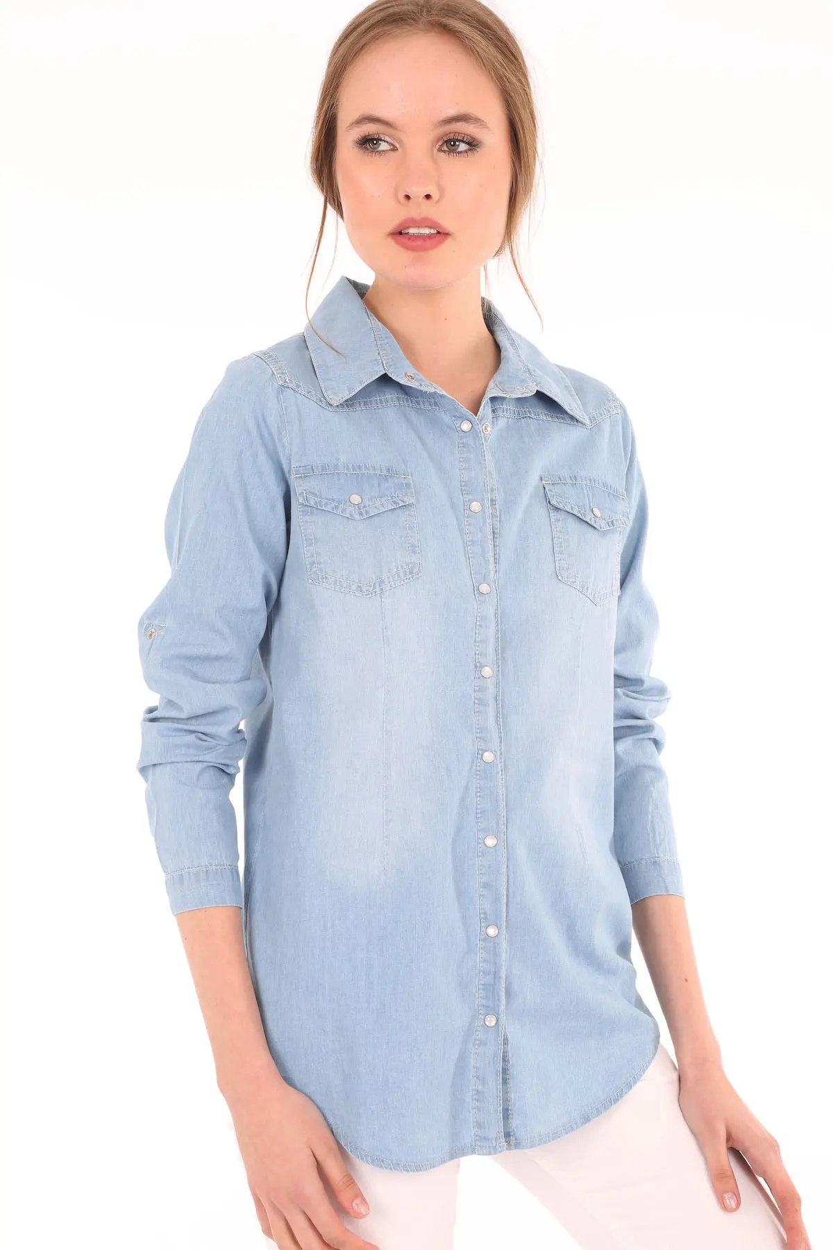 DUAL CEPLİ SNAPS JEANS SHIRT 2021 Spring autumn women's shirt blouse street shirt new simple office lady long sleeve blouse