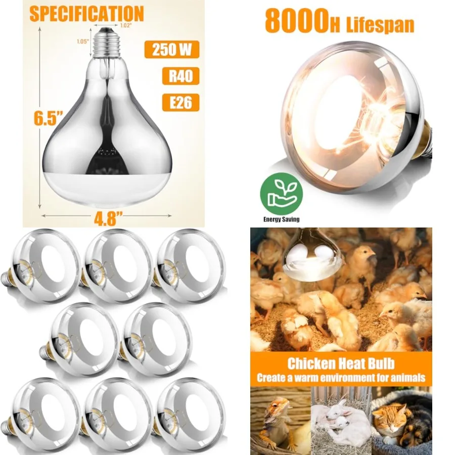 

250W Heat Lamp Bulbs, 8000 Hours Rated, R40 Bathroom Shower Incandescent Light Bulb, Infrared Heating for Chickens, Reptiles, P