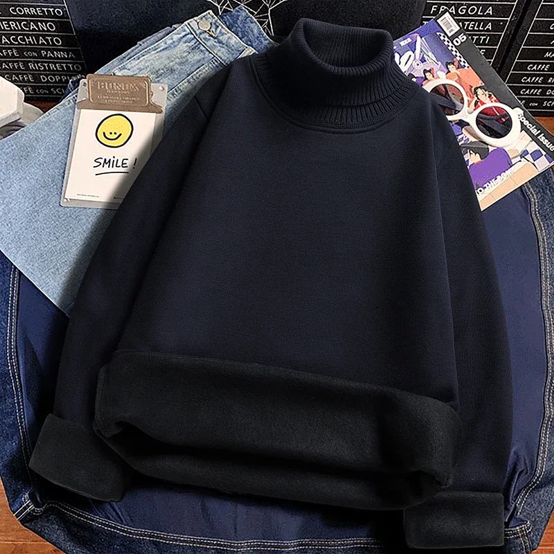 Men High Neck Knitted Sweater Full Fleece Lined Thermal Pullover Soft Warm Long Sleeve Base Top For Autumn Winter Daily Wear