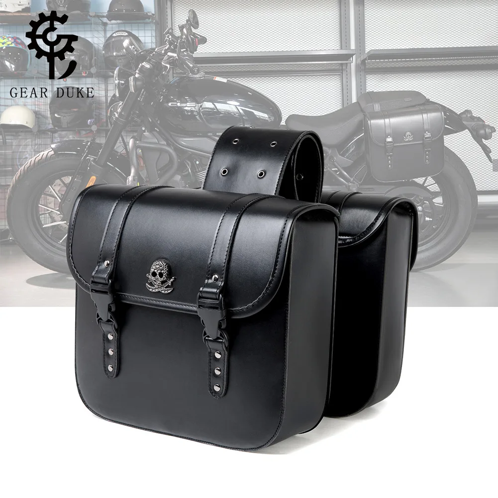 Universal Motorcycle Side Luggage Saddle Bags Black PU Leather Skull Ornament Quick‑Fasten Buckle For Motorbike SaddlebagStorage