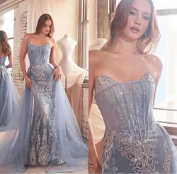 Elegant Women Mermaid Evening Dresses Strapless Sleeveless Zipper Prom Gowns Sequins Appliques Sweep Train Dress Robe De Soiree