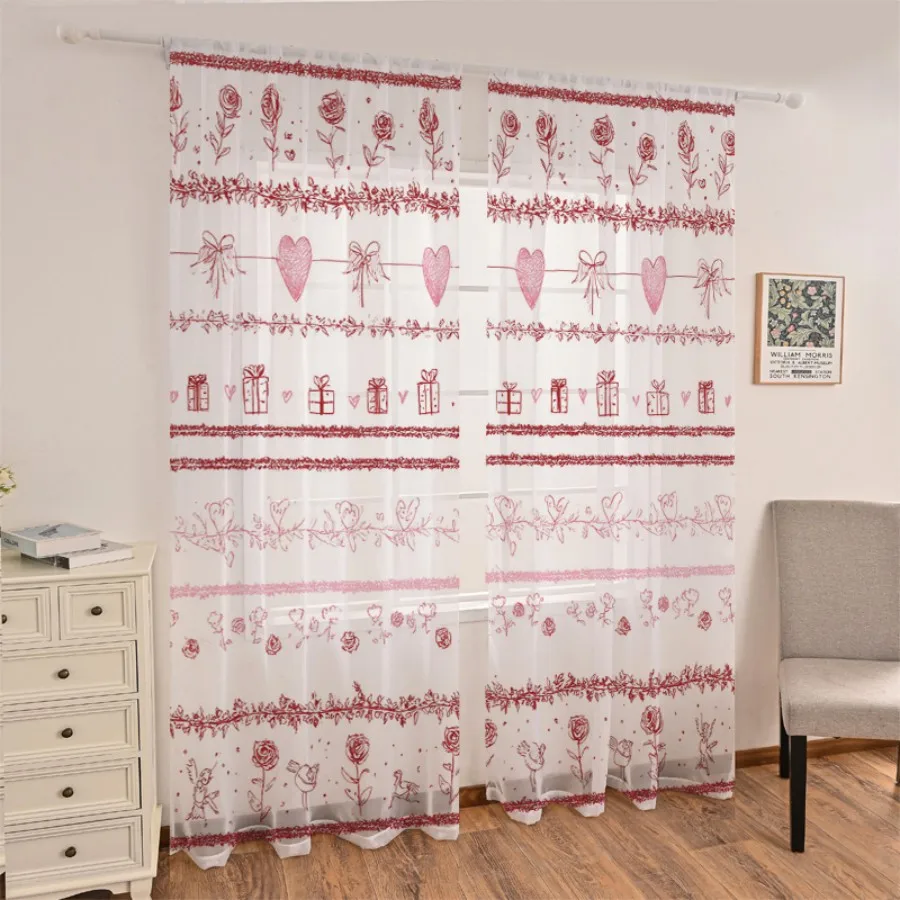 2PCS Digital Print Sheer Curtains, Rose Gift Box Pattern, Romantic Valentine Floral Present for Bedroom Living Room Home Decor