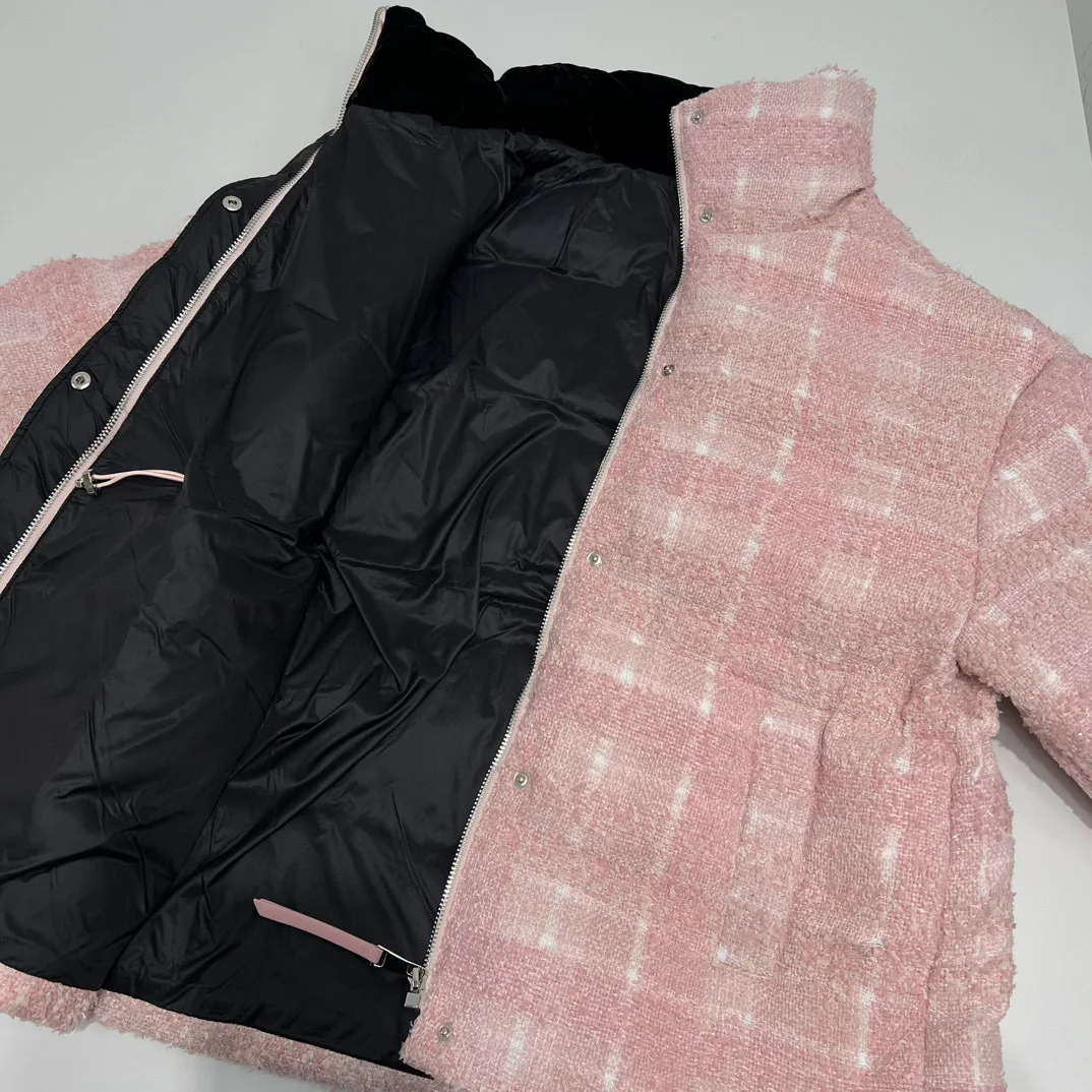 Pink Plaid Collar White Goose Down Warm Tweed Style Down Jacket for Women