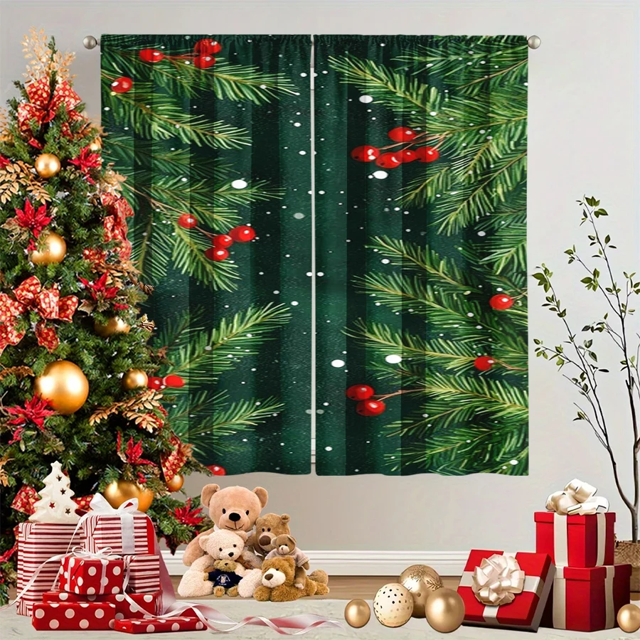 2PCS Christmas Winter Curtains, Pine Berry Red Green Snow Dark Winter Tree, Digital Print, Bedroom Living Room, Home Decor