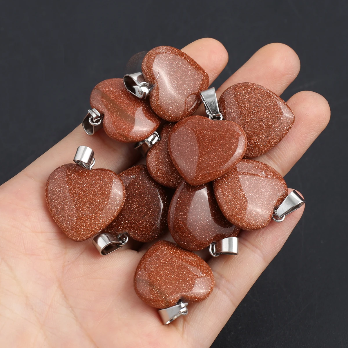20mm Heart Shape Natural Goldstone Charms Silver Color Bail Pendants 5Pcs Set for DIY Necklace Bracelet Jewelry Making Supplies