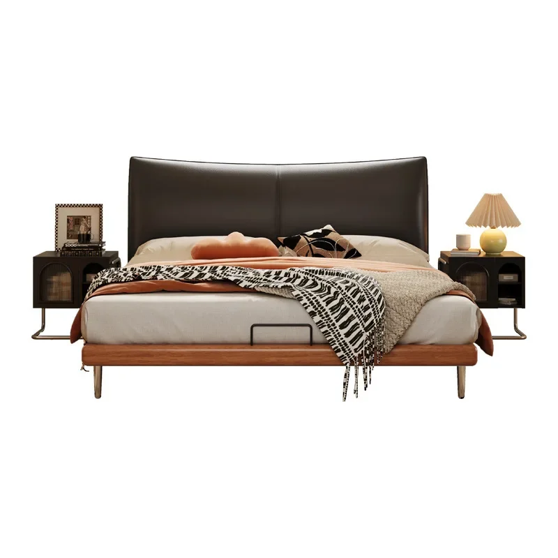 Medieval minimalist leather bed first layer cowhide solid wood bed retro double beech bed