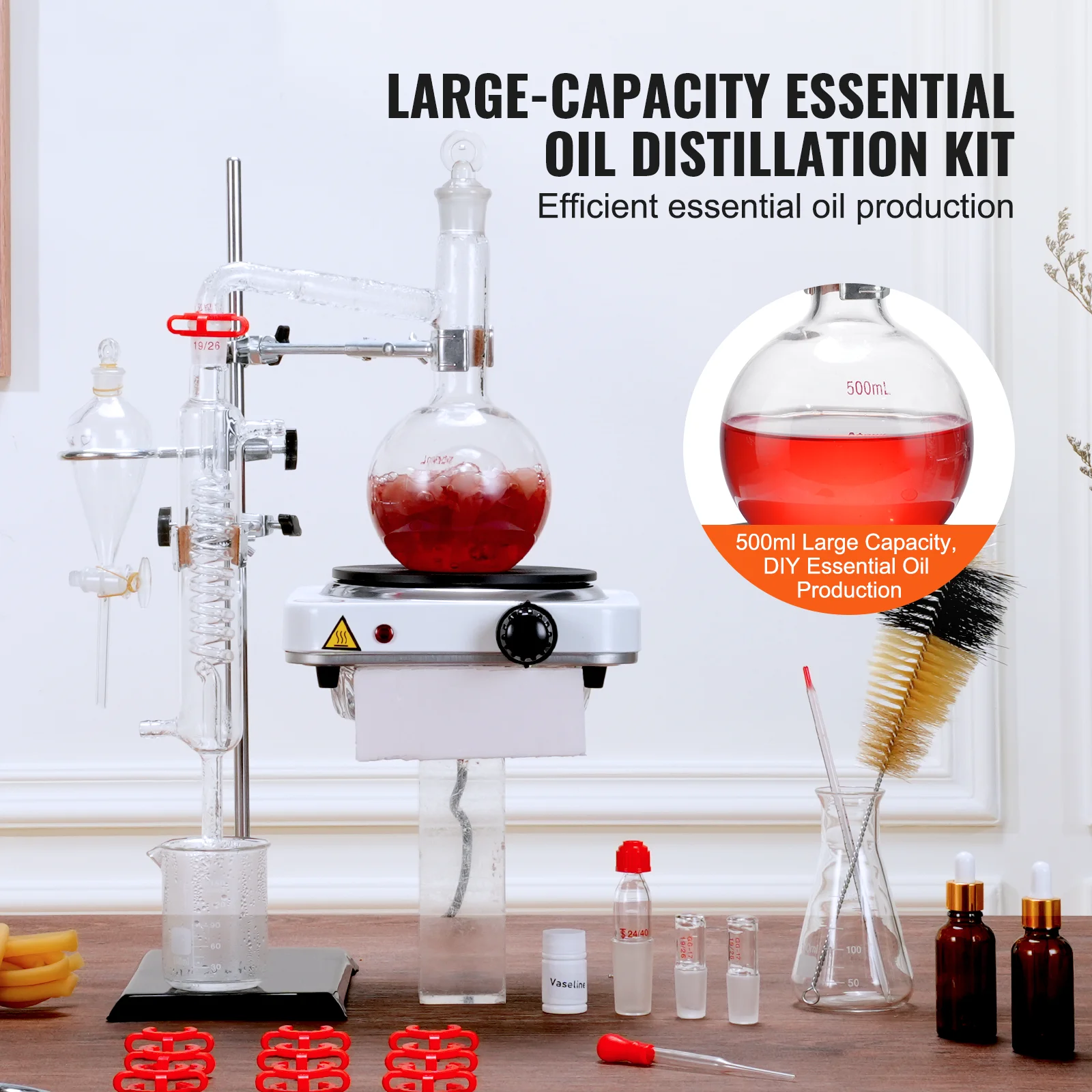 SucceBuy Essential Oil Distillation Kit 500ml 2L Distillation Apparatus 3.3 Boro Lab Glassware Distillation Kit w/ Heat Plate