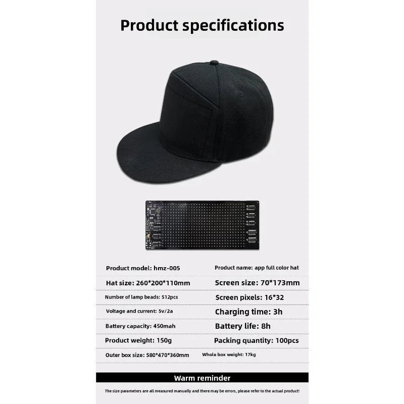 LED Full Color Display Hat Bluetooth Programmable Scrolling Text Cap Advertising Promotional Concert Support Party Glow Festival