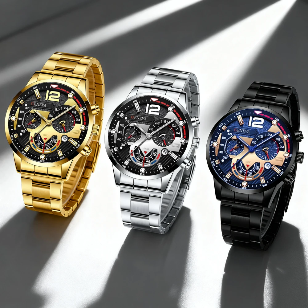 3pcs Men's Casual Handsome Quartz Men's Business Watch Clock Combination Set for Daily Dressing and Festival Gifts