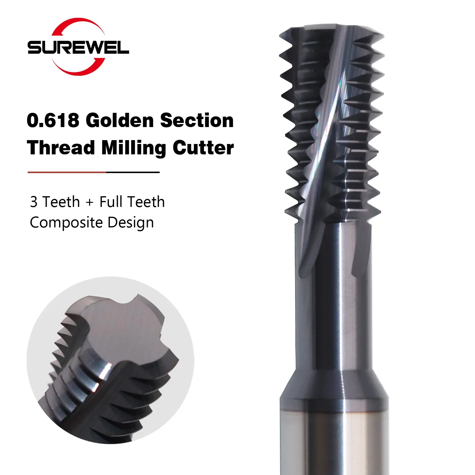 SUREWEL HRC65 قواطع طحن ذات أسنان كاملة و3 فلوت بتصميم هجين ذو قسم ذهبي، مقاومة للكسر العسكري #1