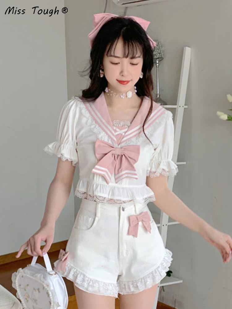 Chemisier en dentelle Kawaii pour femme, nœud doux, mode coréenne mignonne, manches bouffantes, style collège japonais, décontracté, été, 2022