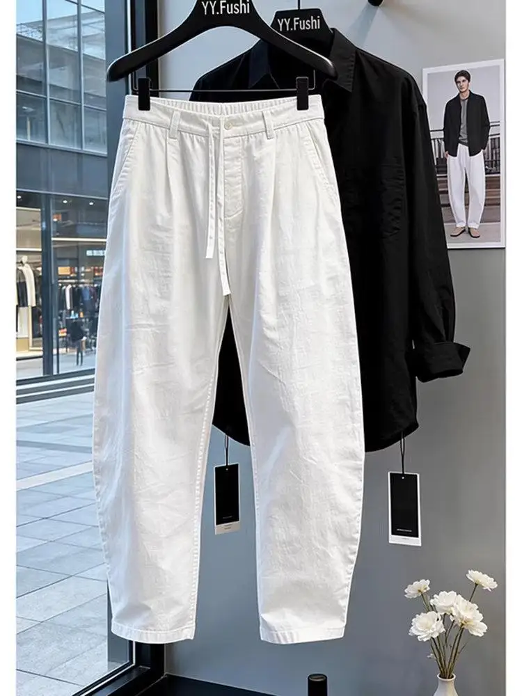 White Linen Blade Pants Men's Summer Thin Quick Dry Samurai Cotton Linen Casual Pants American Old Money Style Daily Wear