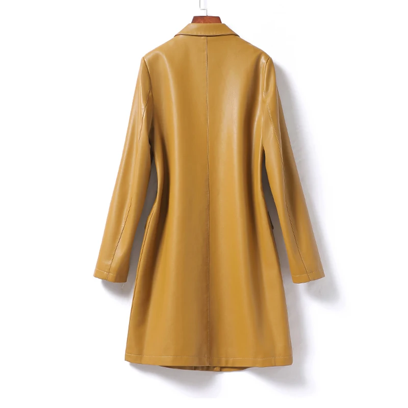 Gabardina de cuero auténtico para mujer, prendas de vestir de piel de oveja de longitud media, chaqueta con cuello de un solo botón para otoño e invierno, gabardina de piel de cordero 2023