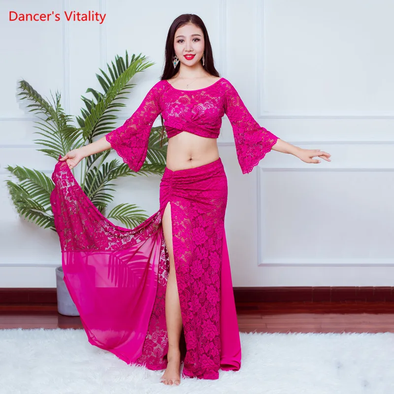 Belly Dance Lace Suit Female Adult Elegant Top Practice Clothes Set Shirt Long Skirt Competition Performance Clothing