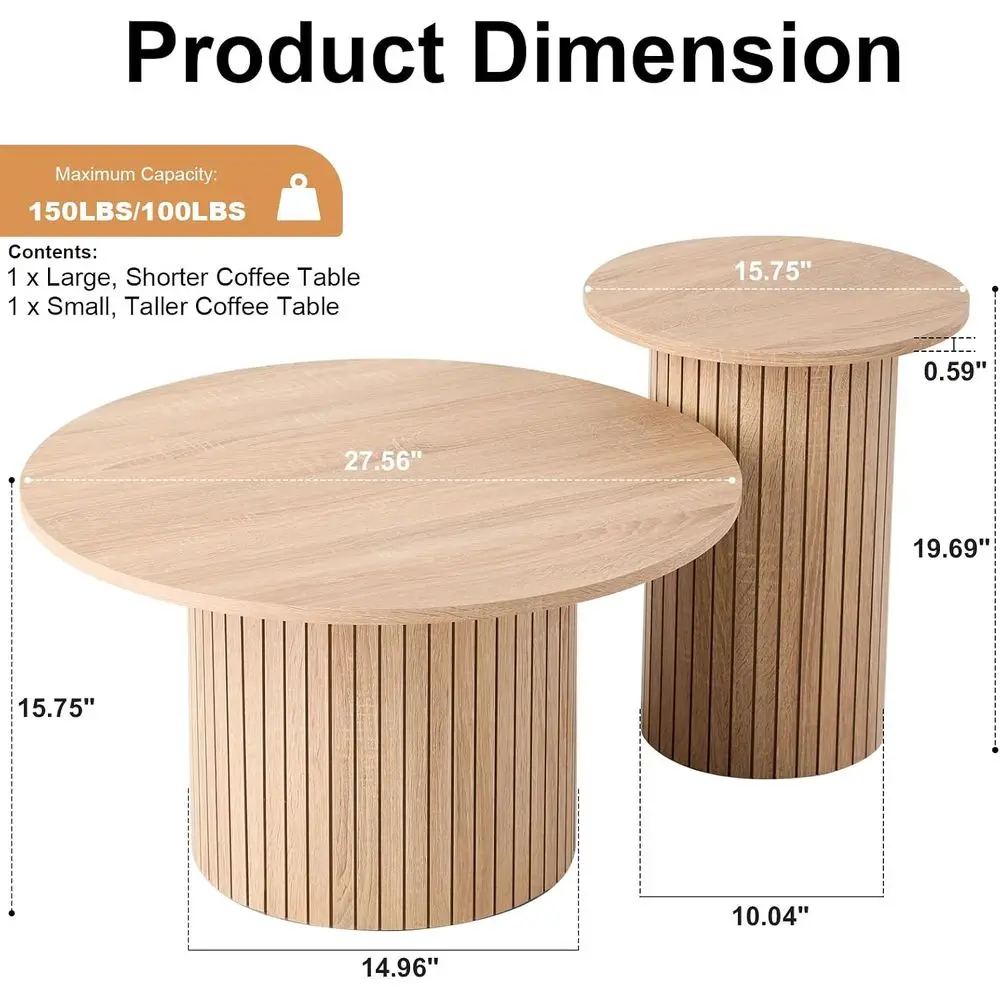 Round Nesting Coee Tables or Living Room, Set o 2, Natural | φ27.6 + φ15.8 Boho Small Circle Side Tables, luted Drum Design Easy