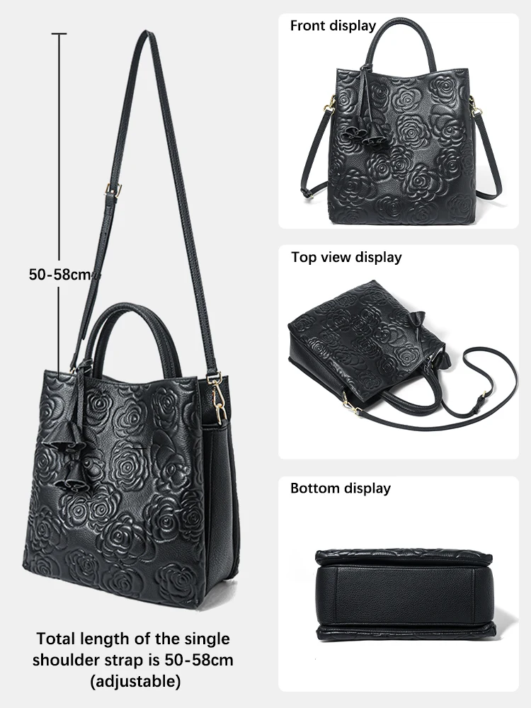 Zency 100% حقيبة يد جلدية حقيقية سعة كبيرة المرأة حقيبة كتف محفظة ريترو الأزهار Crossbody حمل حقيبة تسوق سوداء الشتاء